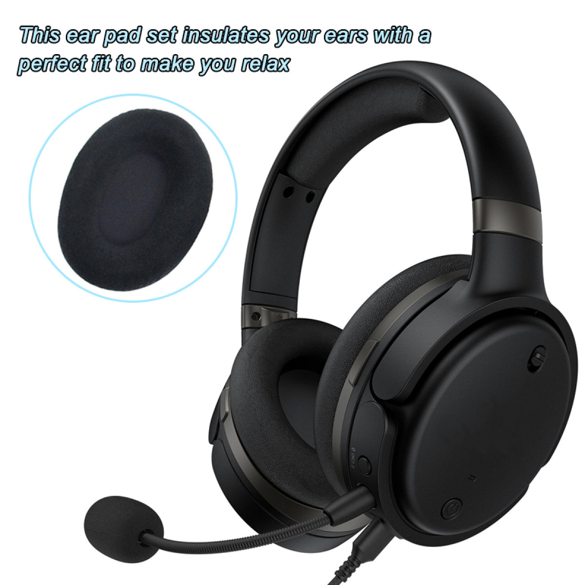 Black headphones with a separate black ear pad shown in a circle.