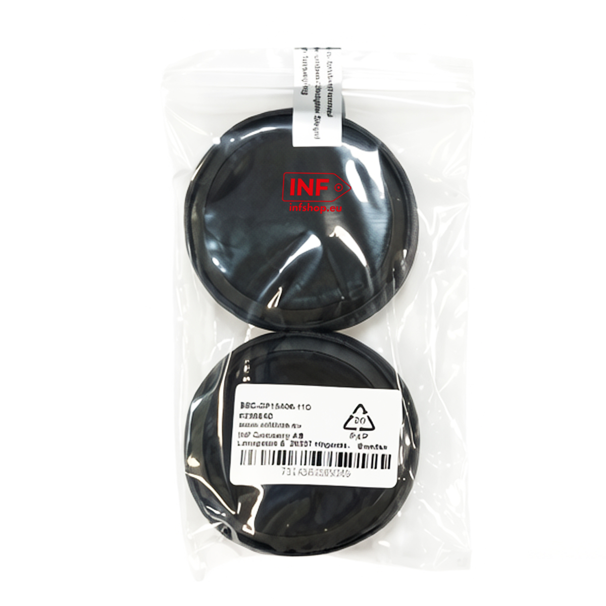 Zwei schwarze Objektivdeckel in Plastikverpackung mit Etikett.