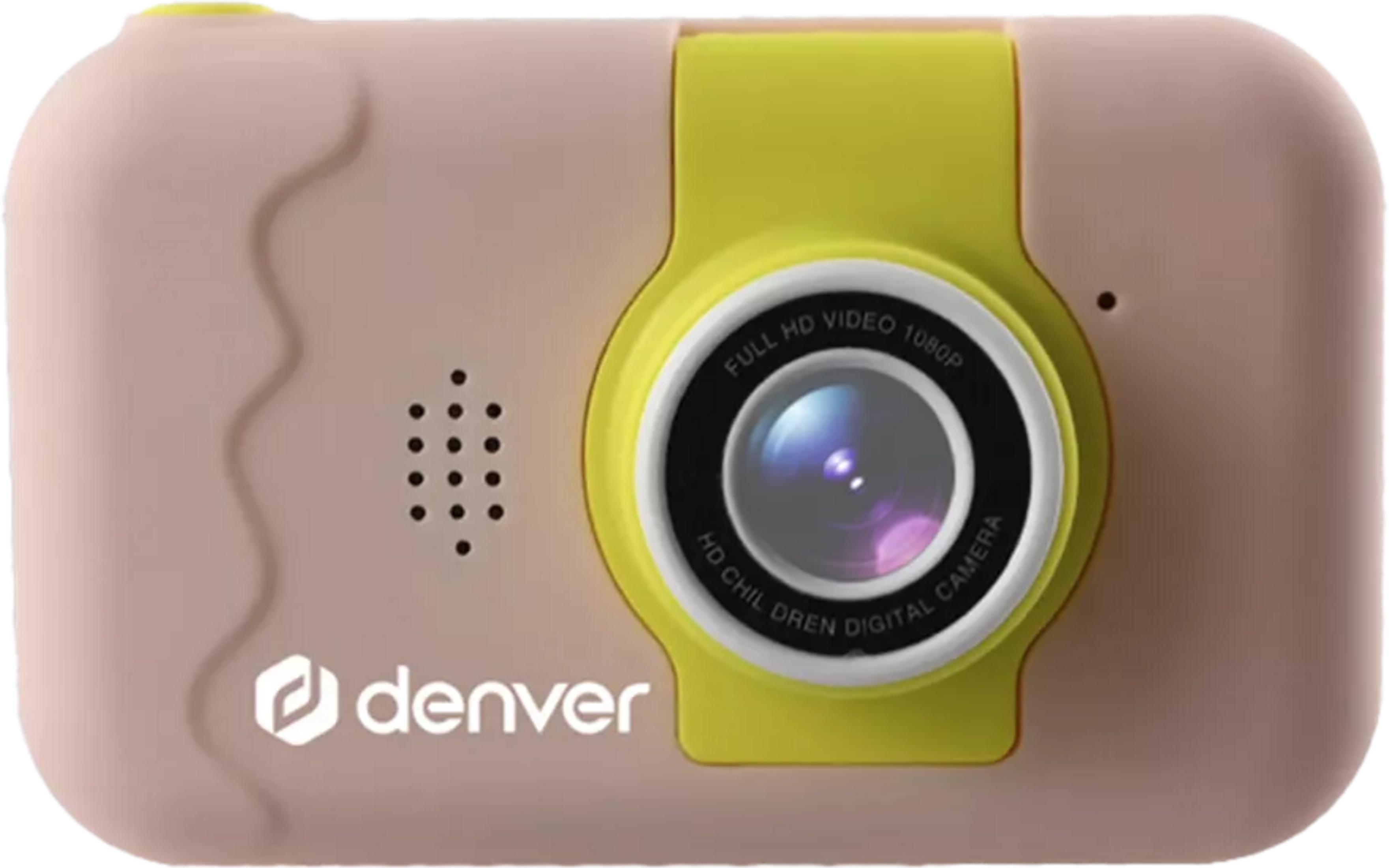 Una cámara digital rosa con detalles amarillos, logo de Denver y lente.