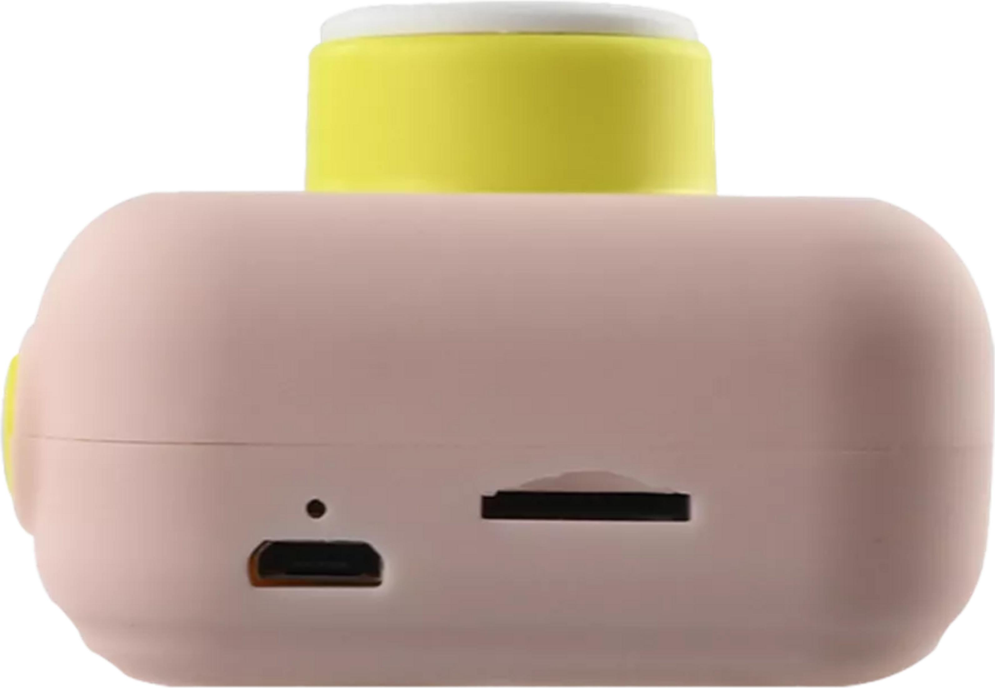 Una cámara digital rosa con acentos amarillos y blancos y puertos.