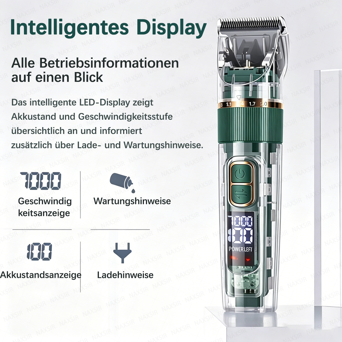 Ein grüner und transparenter Haarschneider mit LED-Display und Symbolen für Geschwindigkeit.