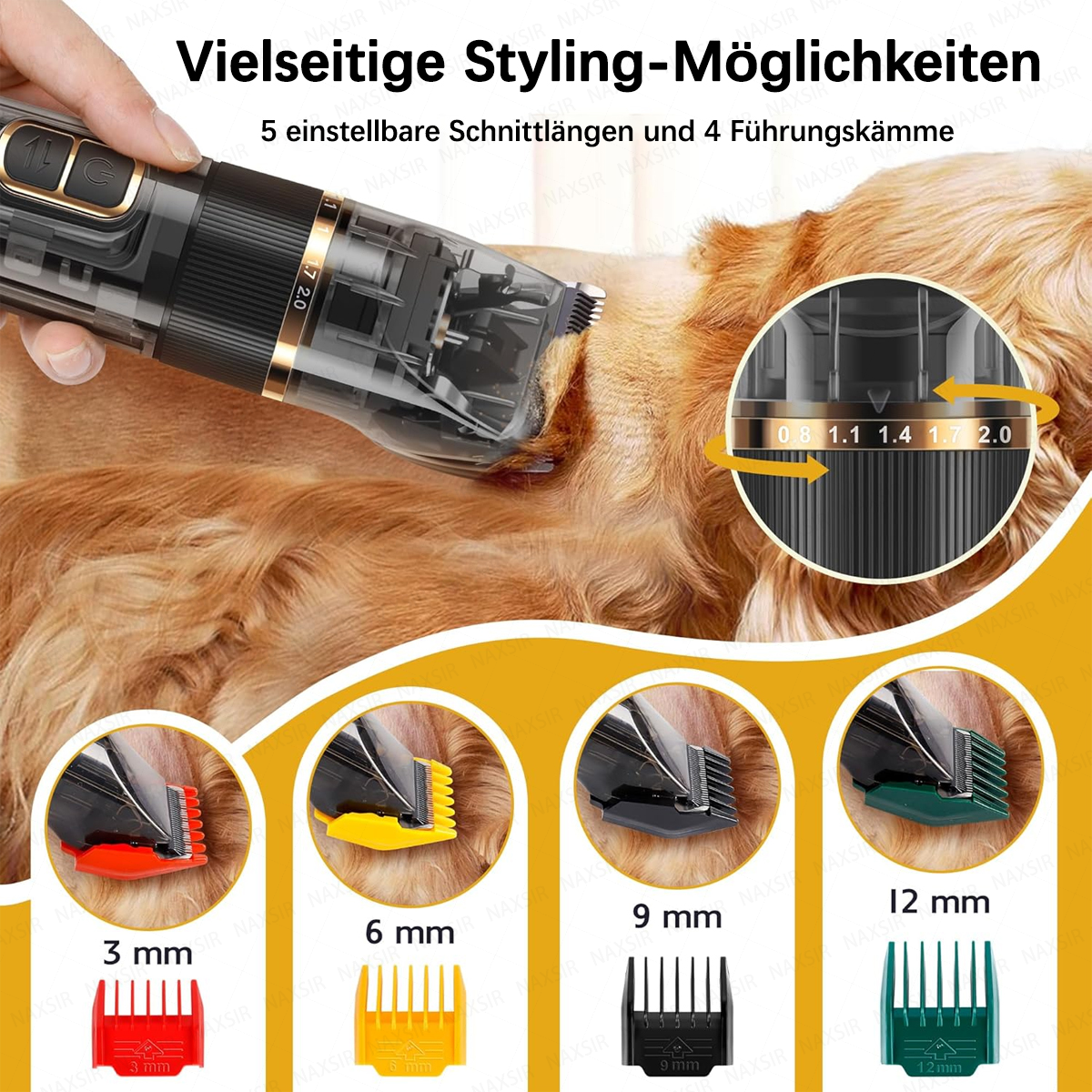 Ein Hund wird mit einem silbernen Haarschneider mit aufsteckbaren Kämmen in verschiedenen Längen getrimmt.