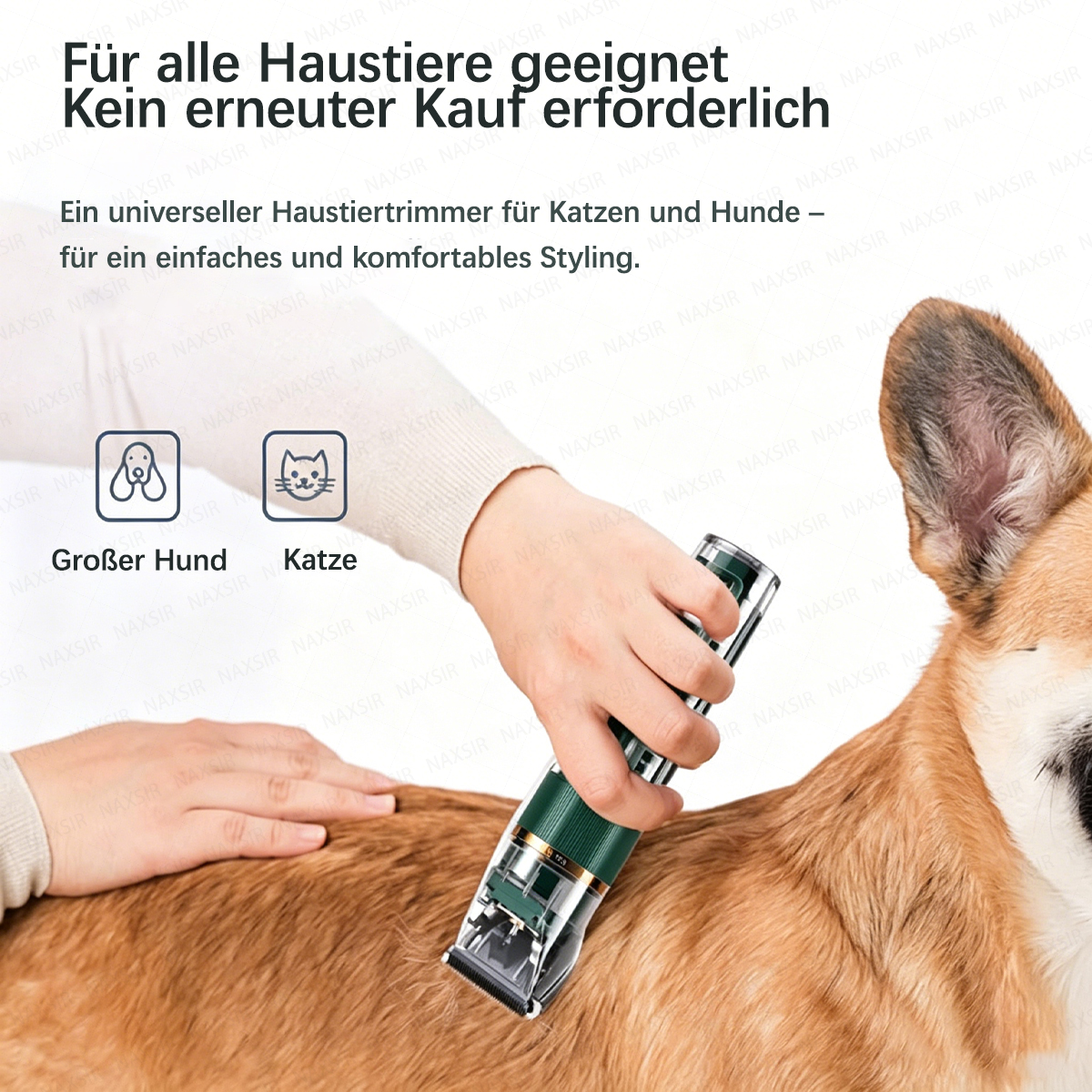 Person trimmt braunen Hund mit grünen Trimmer. Geeignet für Hunde und Katzen.