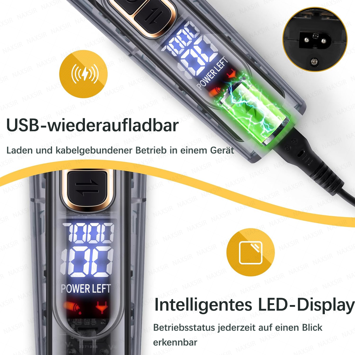 Ein USB-wiederaufladbares Gerät mit LED-Display zeigt den Ladestand an.