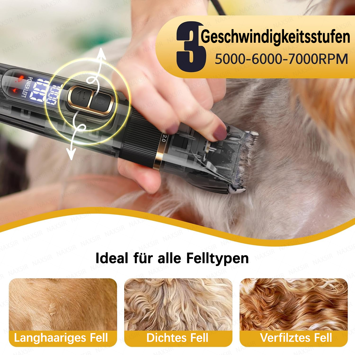 Eine Hand benutzt einen Hundetrimmer mit drei Geschwindigkeitsstufen auf hellem Fell.