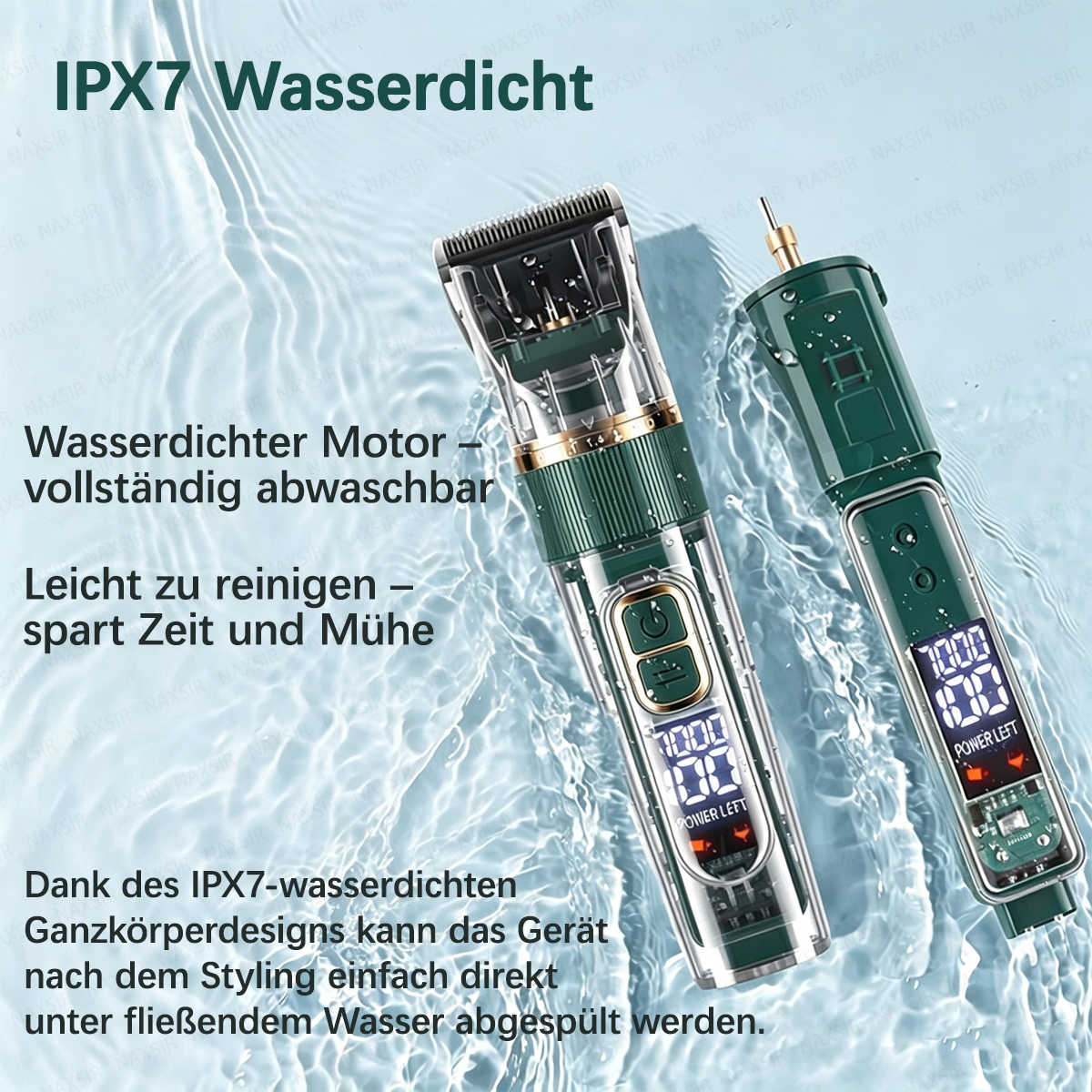 Zwei wasserdichte Haarschneider liegen auf blauem Wasser. Einer ist transparent, der andere dunkelgrün.