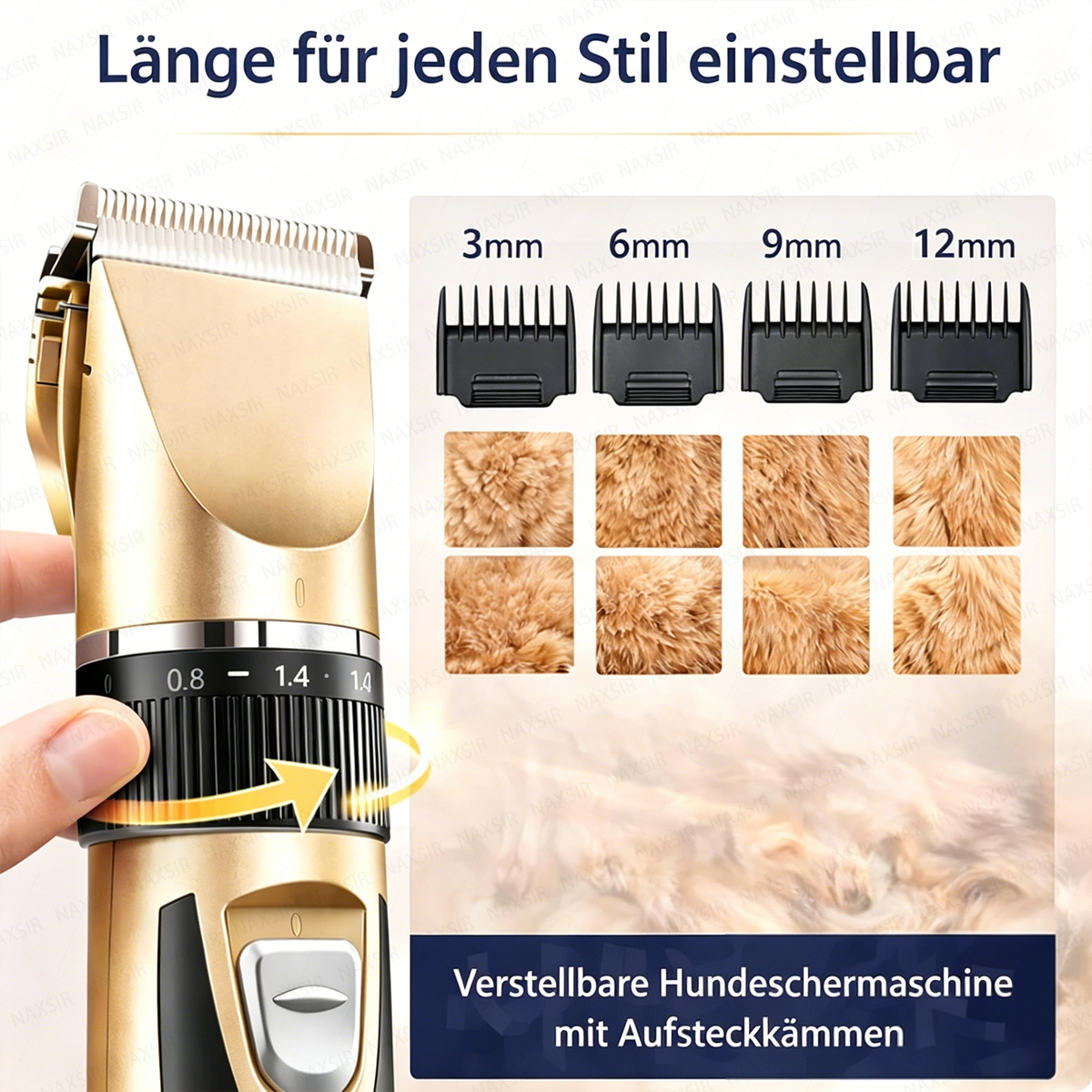 Goldene Haarschneidemaschine mit Einstellrad und vier Aufsteckkämmen daneben.