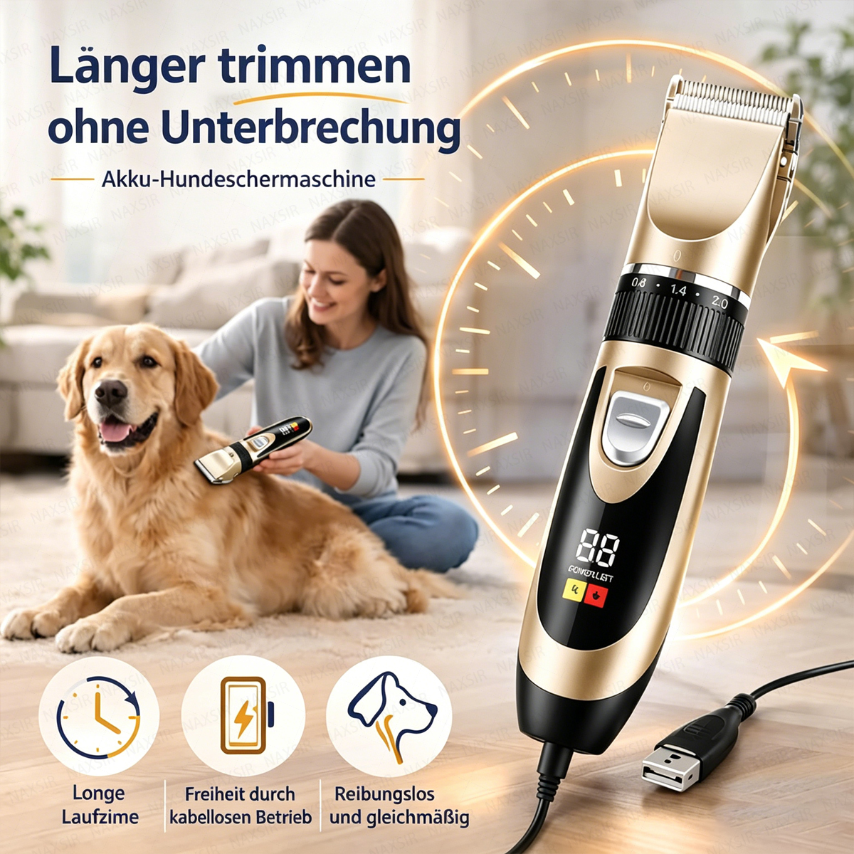 Eine Frau trimmt einen Golden Retriever mit einer goldfarbenen Haarschneidemaschine.