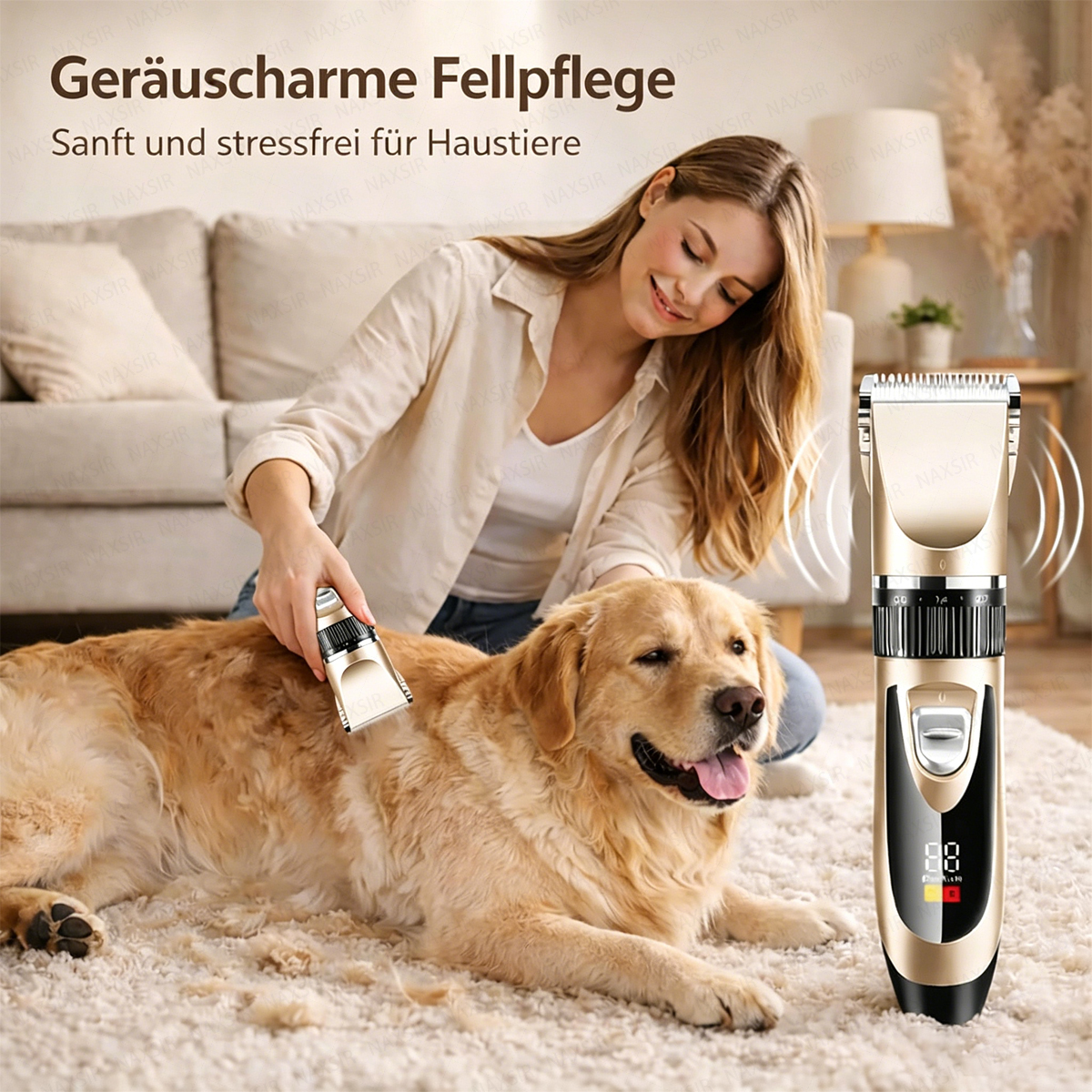 Frau trimmt Golden Retriever mit Schermaschine auf flauschigem Teppich.