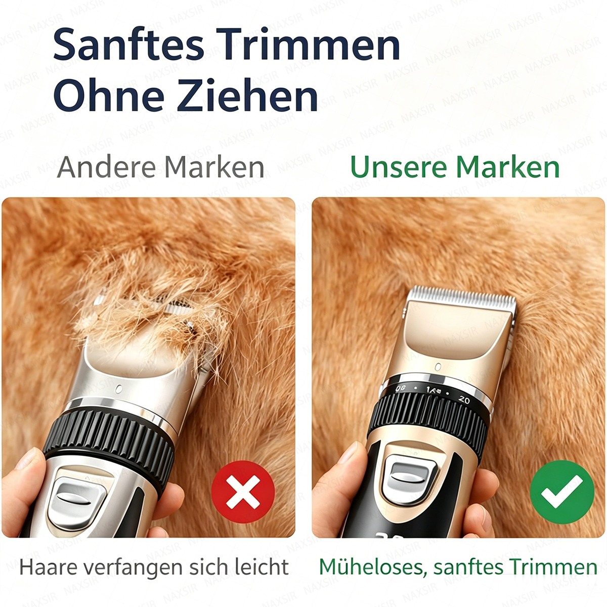 Zwei Hundehaarschneider im Vergleich: Einer verheddert Haare, der andere trimmt sanft.