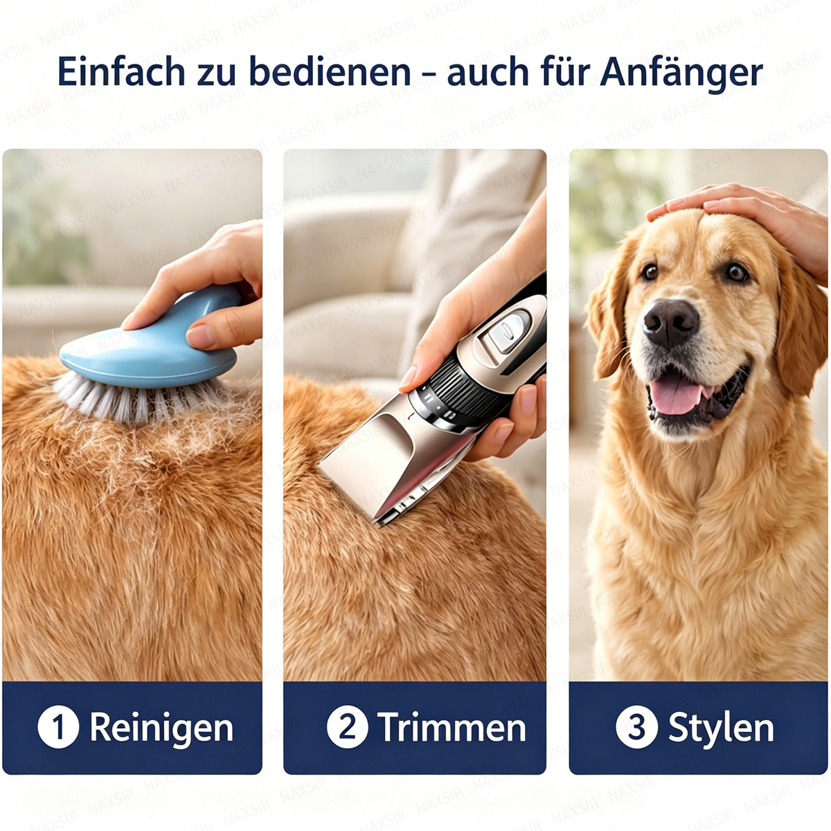 Golden Retriever Fellpflege: Bürsten, Trimmen mit Schermaschine, Streicheln.