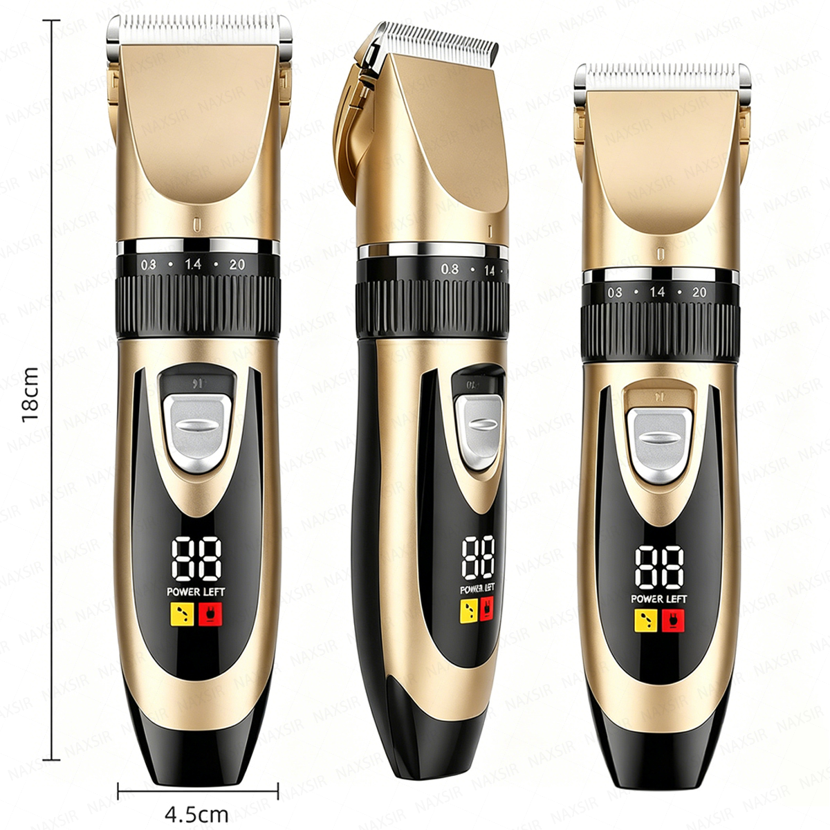 Goldener und schwarzer Haarschneider mit digitaler Anzeige, 18cm hoch und 4.5cm breit.