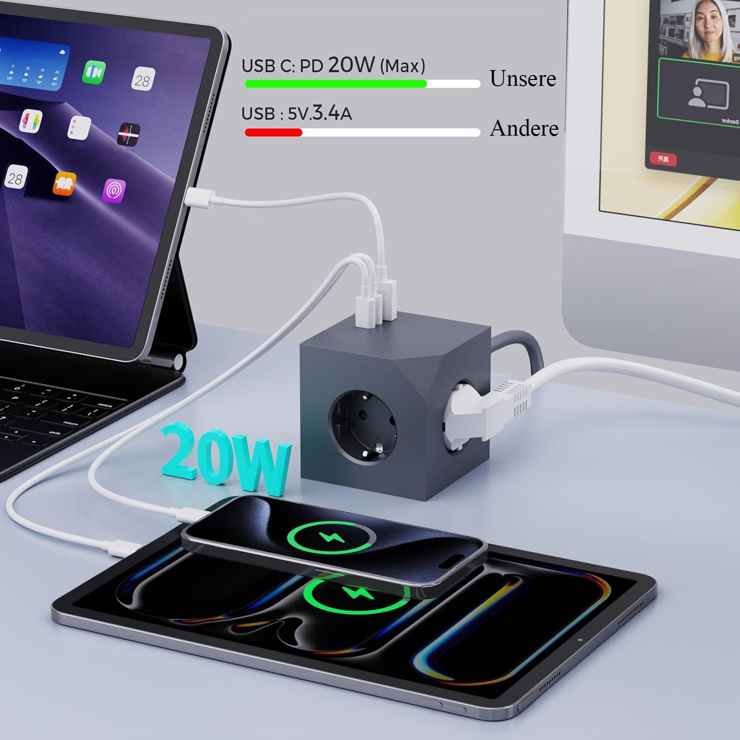 Ein grauer Mehrfachsteckdosenwürfel lädt ein Tablet und ein Smartphone auf.