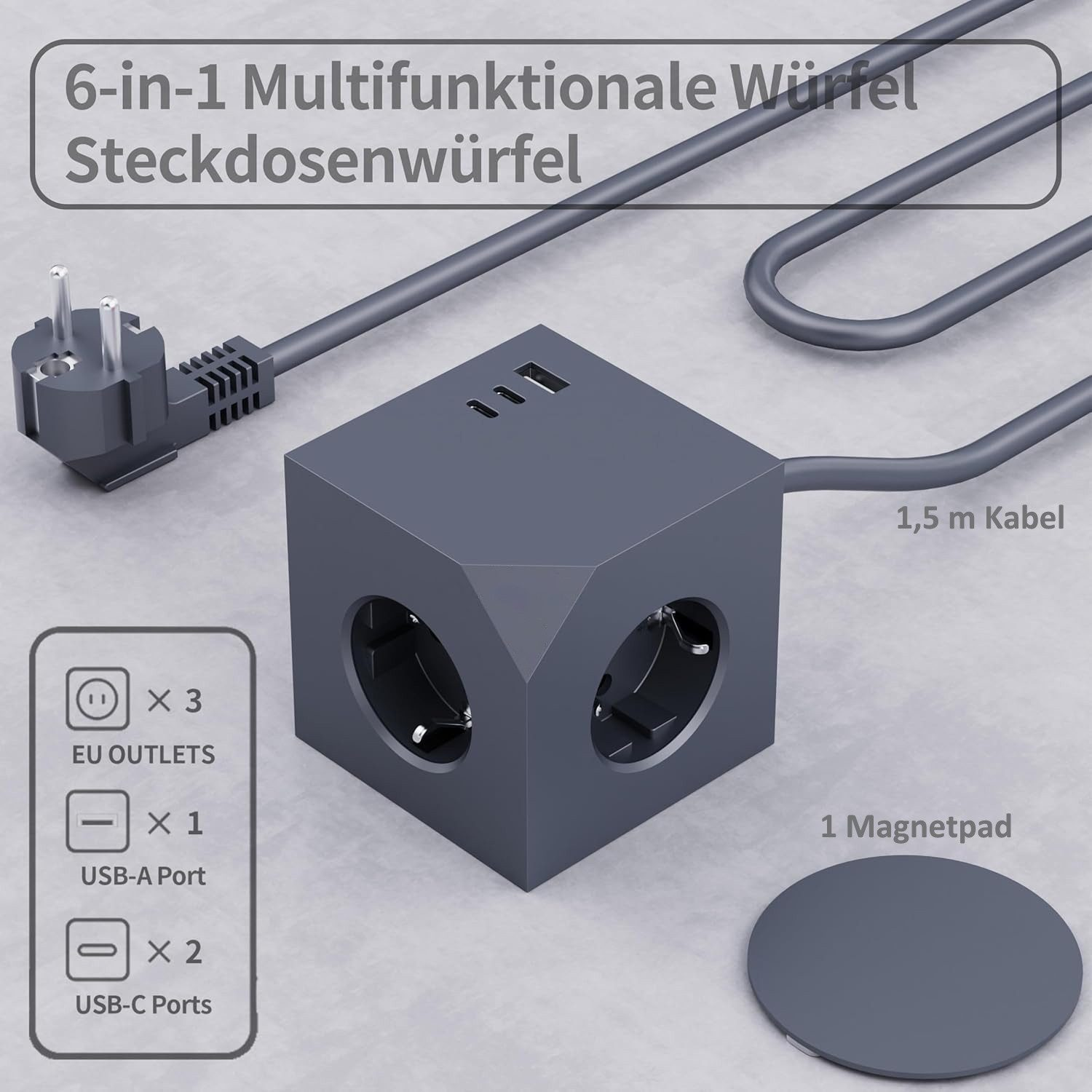 Grauer 6-in-1 Steckdosenwürfel mit 3 EU-Steckdosen, 1 USB-A, 2 USB-C Ports.