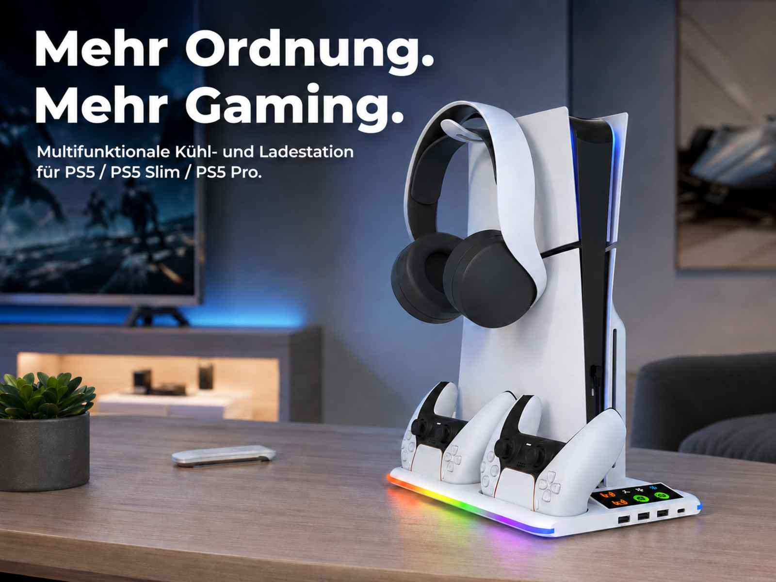 PS5 Ladestation mit Kühlung, Headset-Halterung und Controller-Ladegerät mit RGB-Licht.