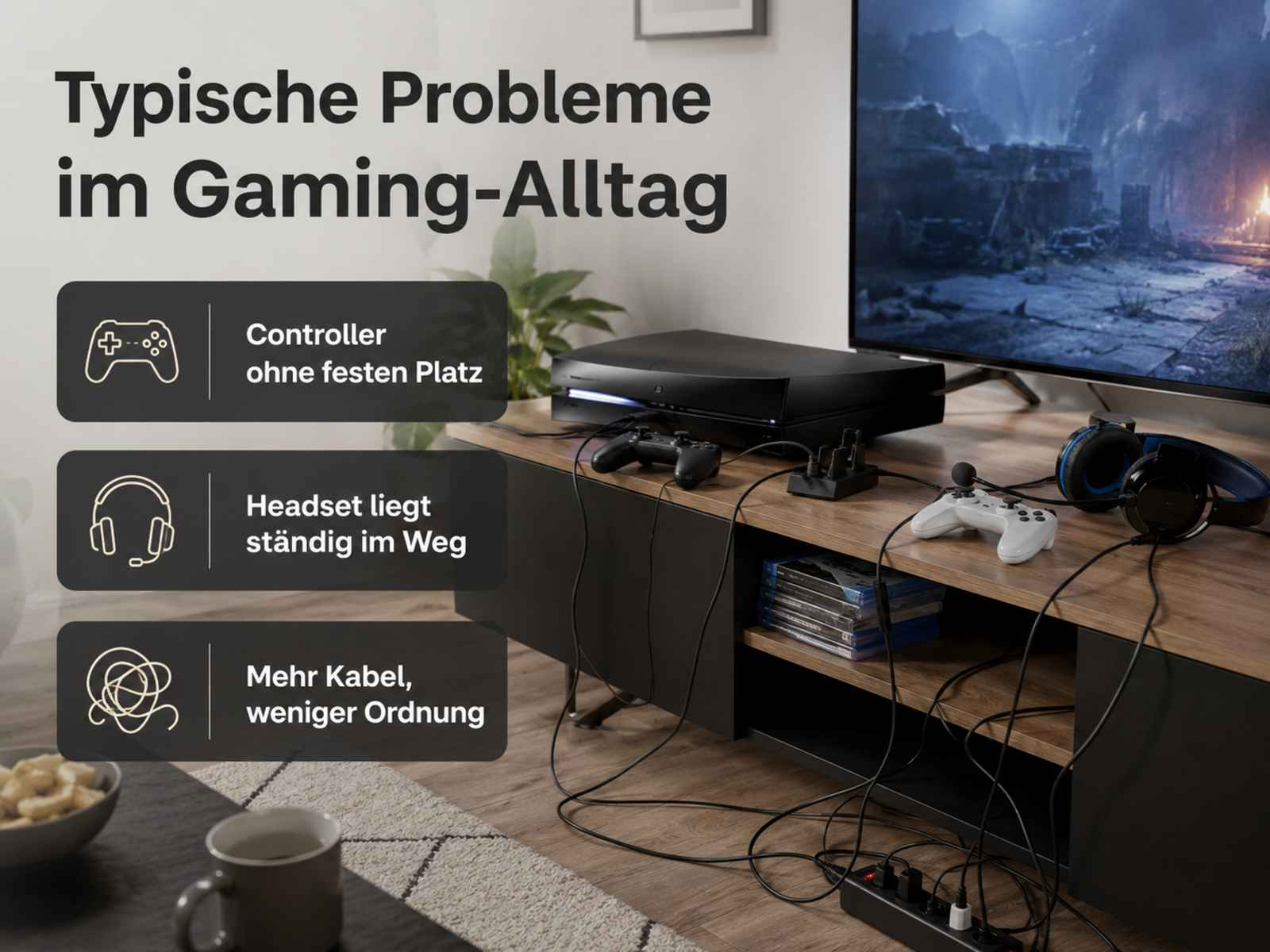 Gaming-Setup mit Konsole, Controllern, Headset und Kabeln auf einem Mediamöbel.