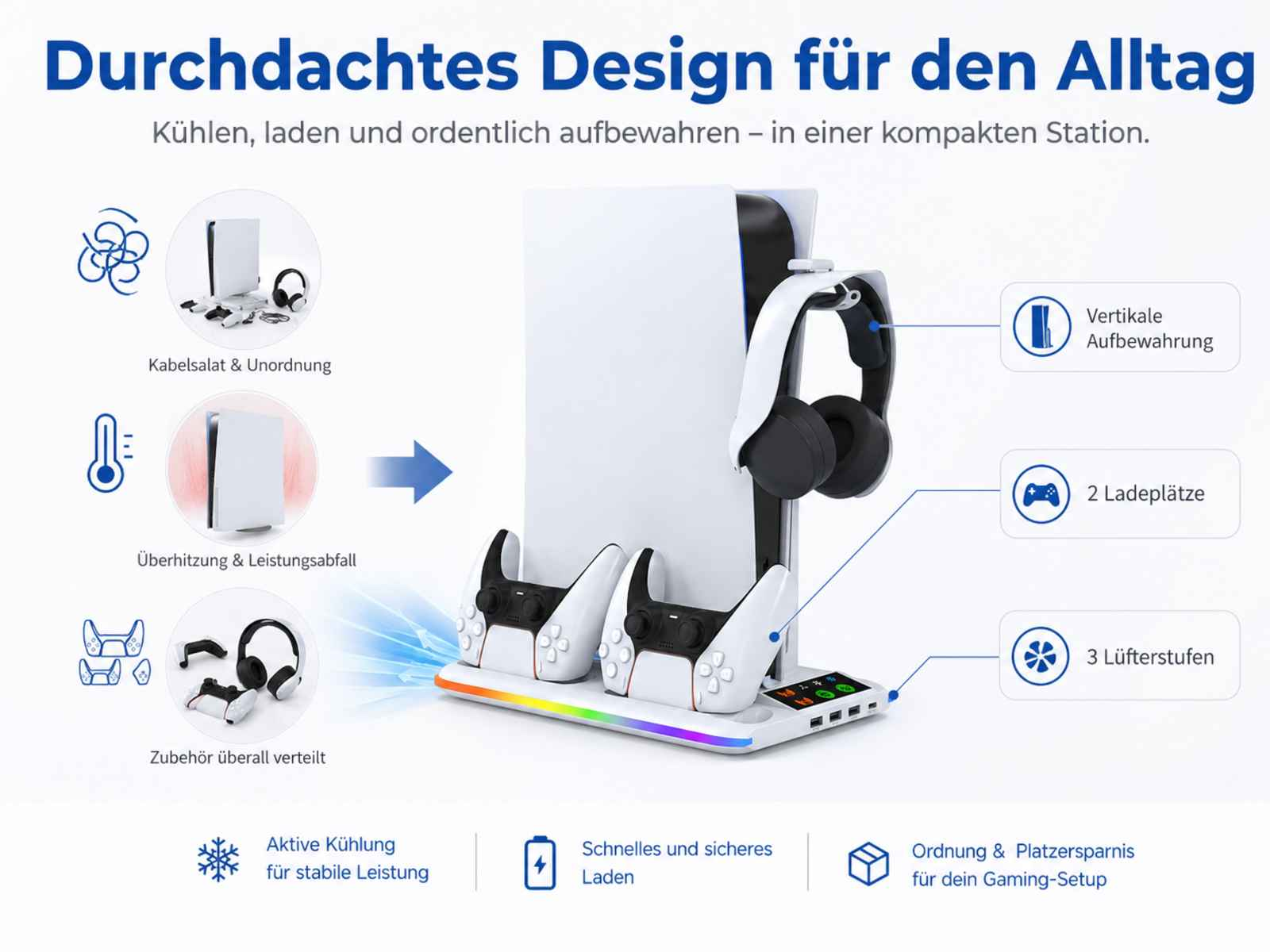 Eine weiße Ladestation für Spielekonsolen mit Controllern, Headset und RGB-Beleuchtung.