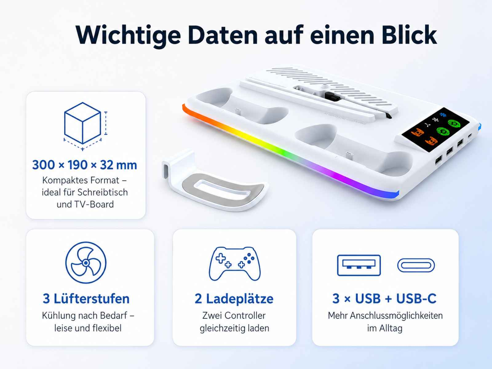 Weiße Ladestation mit RGB-Beleuchtung, 3 Lüfterstufen, 2 Ladeplätzen, USB-C.
