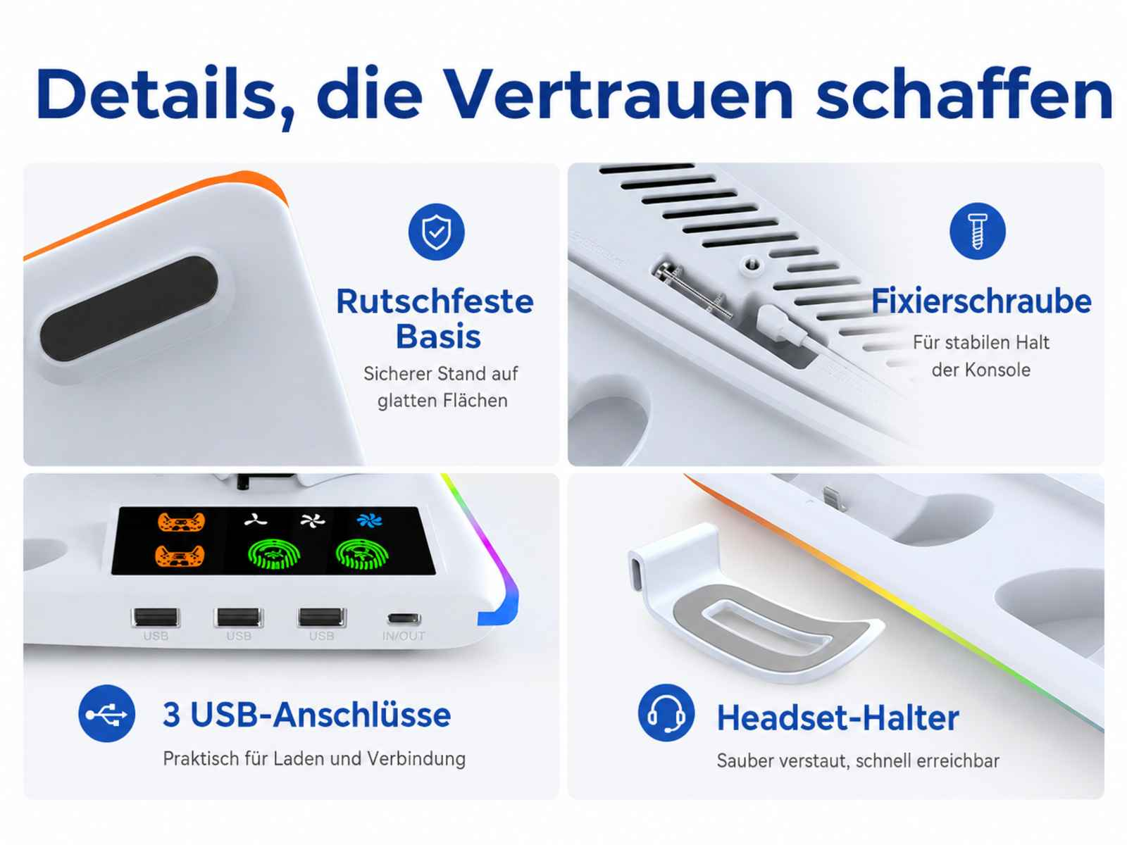 Ein Gaming-Zubehör mit Anti-Rutsch-Basis, Schraube, 3 USB-Anschlüssen und Headset-Halter.
