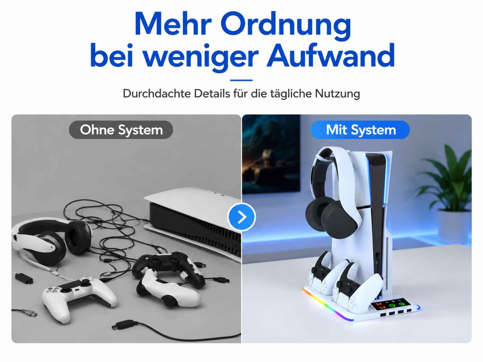Unordnung vs. Ordnung: Spielkonsolen, Controller und Headsets.