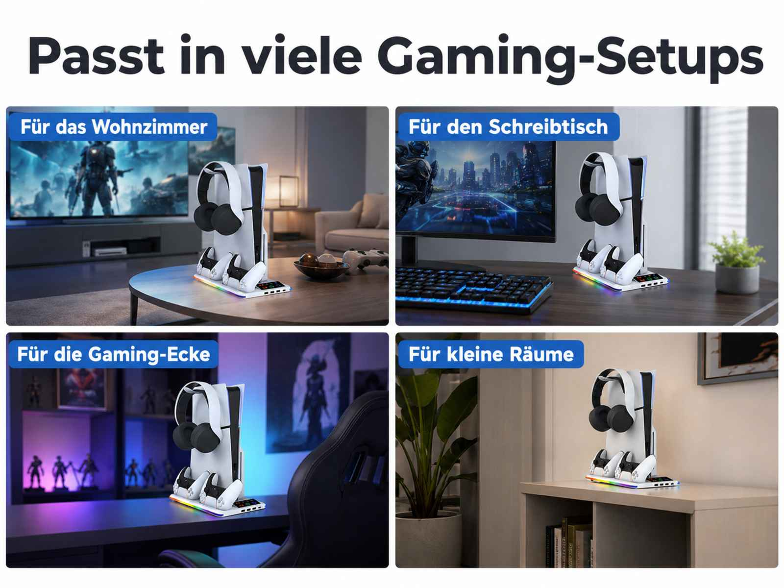 Gaming-Zubehör-Ständer mit Kopfhörern und Controllern, in verschiedenen Räumen.