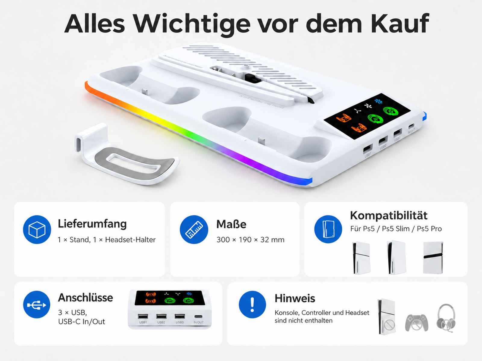 Ein weißer Lade- und Kühlständer mit RGB-Beleuchtung, Headset-Halter und USB-Anschlüssen.