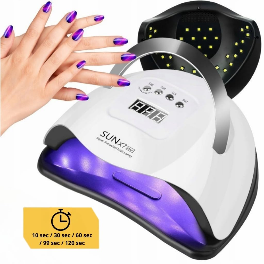 Eine weiße UV-Nagellampe mit lila Akzenten und einer Hand mit lila-blauen Nägeln.