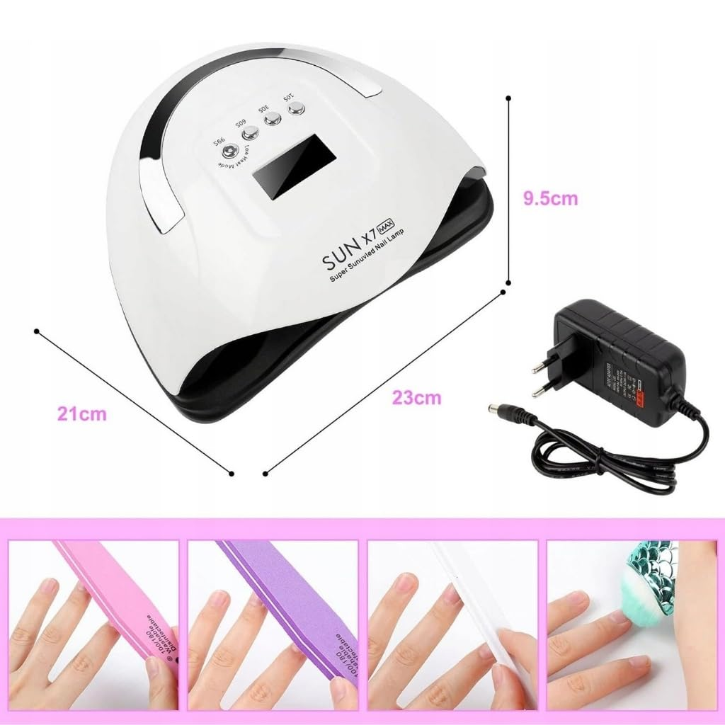 Weiße UV-Nagellampe mit Netzteilen und Nagelfeilen.