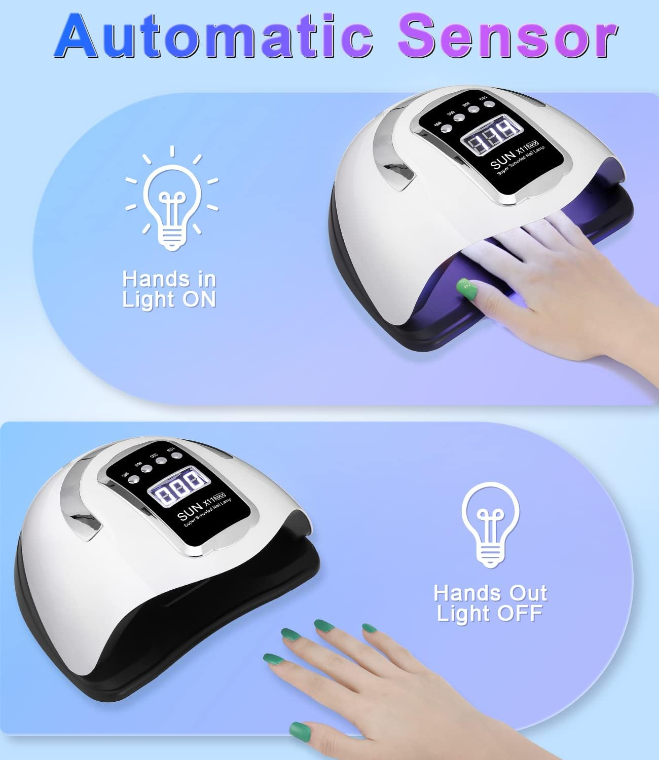 Nageltrockner mit automatischer Sensorfunktion: Hände rein, Licht an; Hände raus, Licht aus.