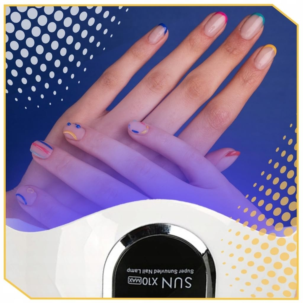 Hände mit bunten French-Maniküre-Nägeln und einem Nagel-LED-Gerät