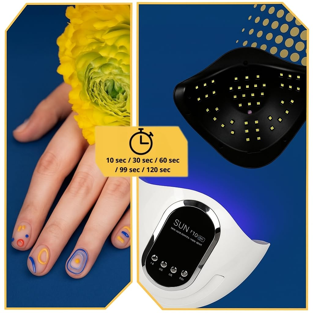 Eine Hand mit gemalten Nägeln neben einer UV-Lampe und einem gelben Blumenkopf.