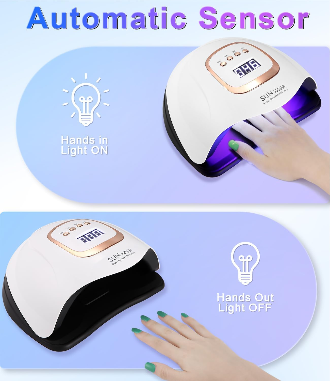 Ein Nagel-UV-Gerät mit einem Display und Knöpfen. Eine Hand mit grünen Nägeln ist darin.