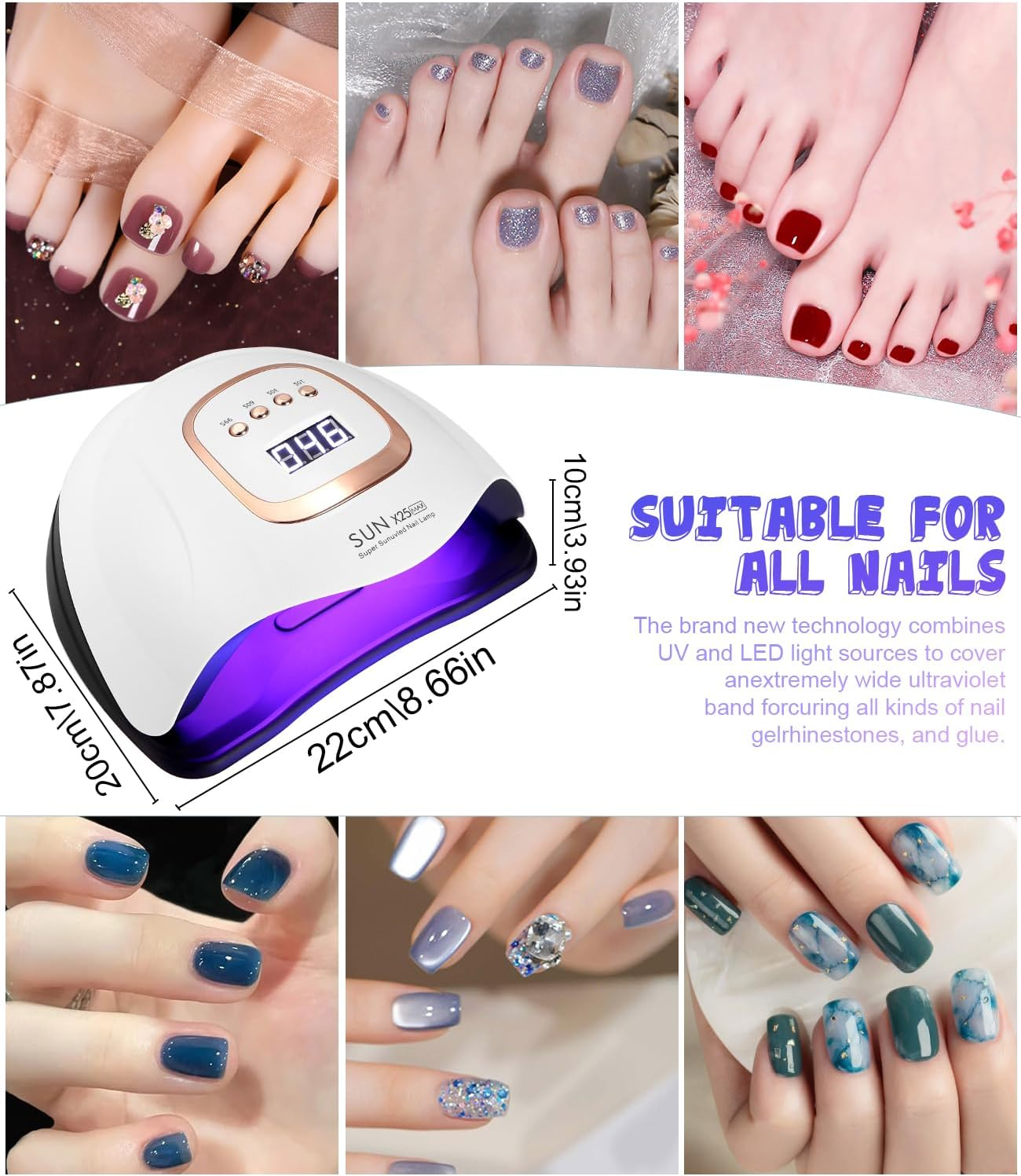 Collage aus Maniküren und Pediküren mit einer Nagellampe. Zeigt verzierte Zehen, Nägel und die Lampe.