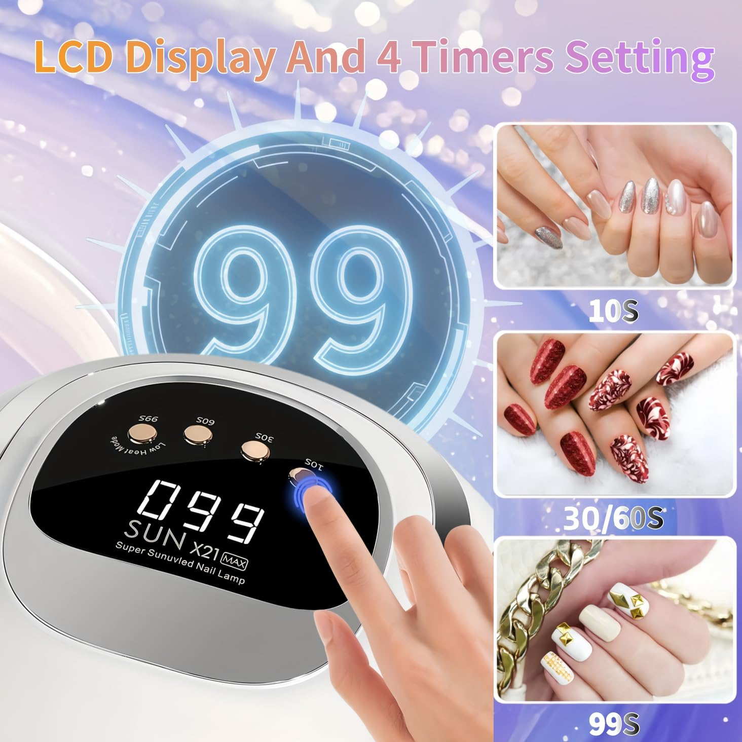 Nail-Lampe mit LCD-Anzeige und 4 Timer-Einstellungen zeigt 99s.