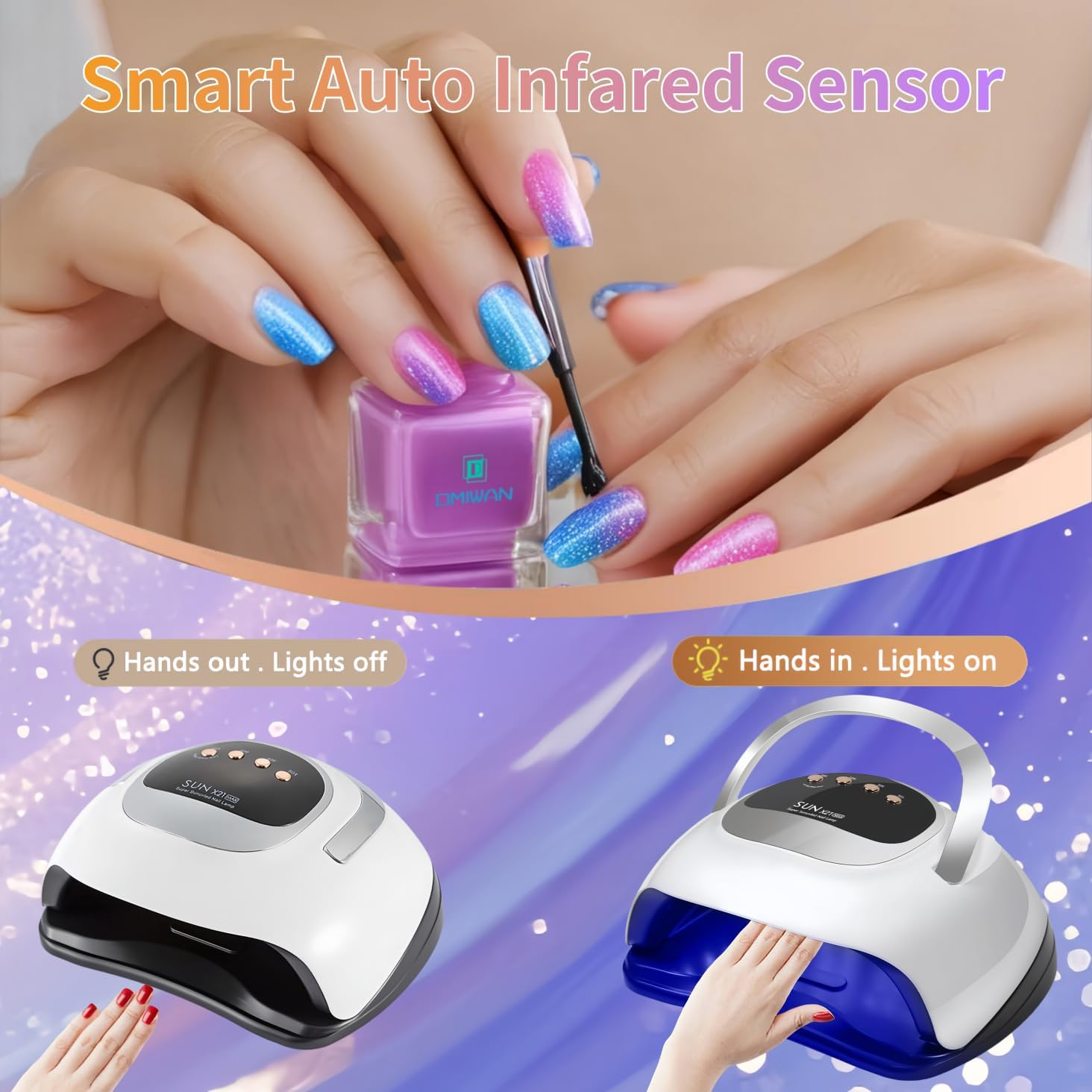 Hände mit blau-pinken Nägeln, Nagellackflasche, Lampe aus und ein.