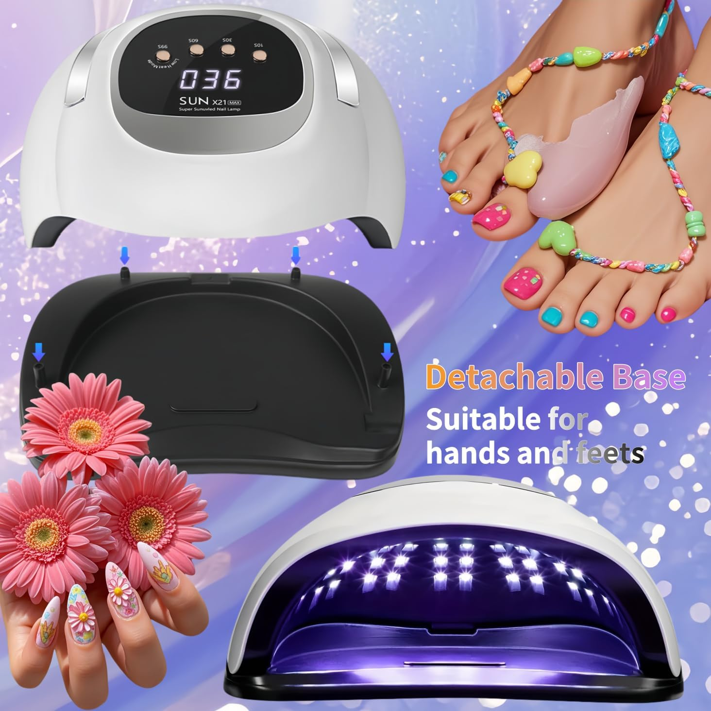 Weiße UV-Lampe für Nägel, abnehmbare Basis, Blumen und bemalte Füße.