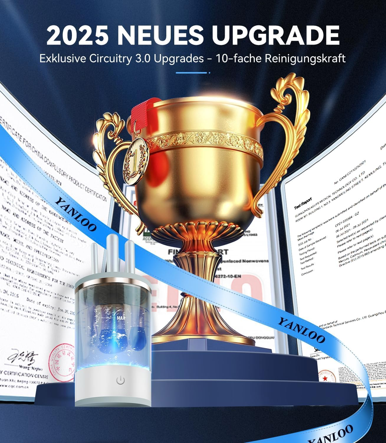 Goldener Pokal, Zertifikate und ein Reinigungsgerät mit blauer Flüssigkeit.