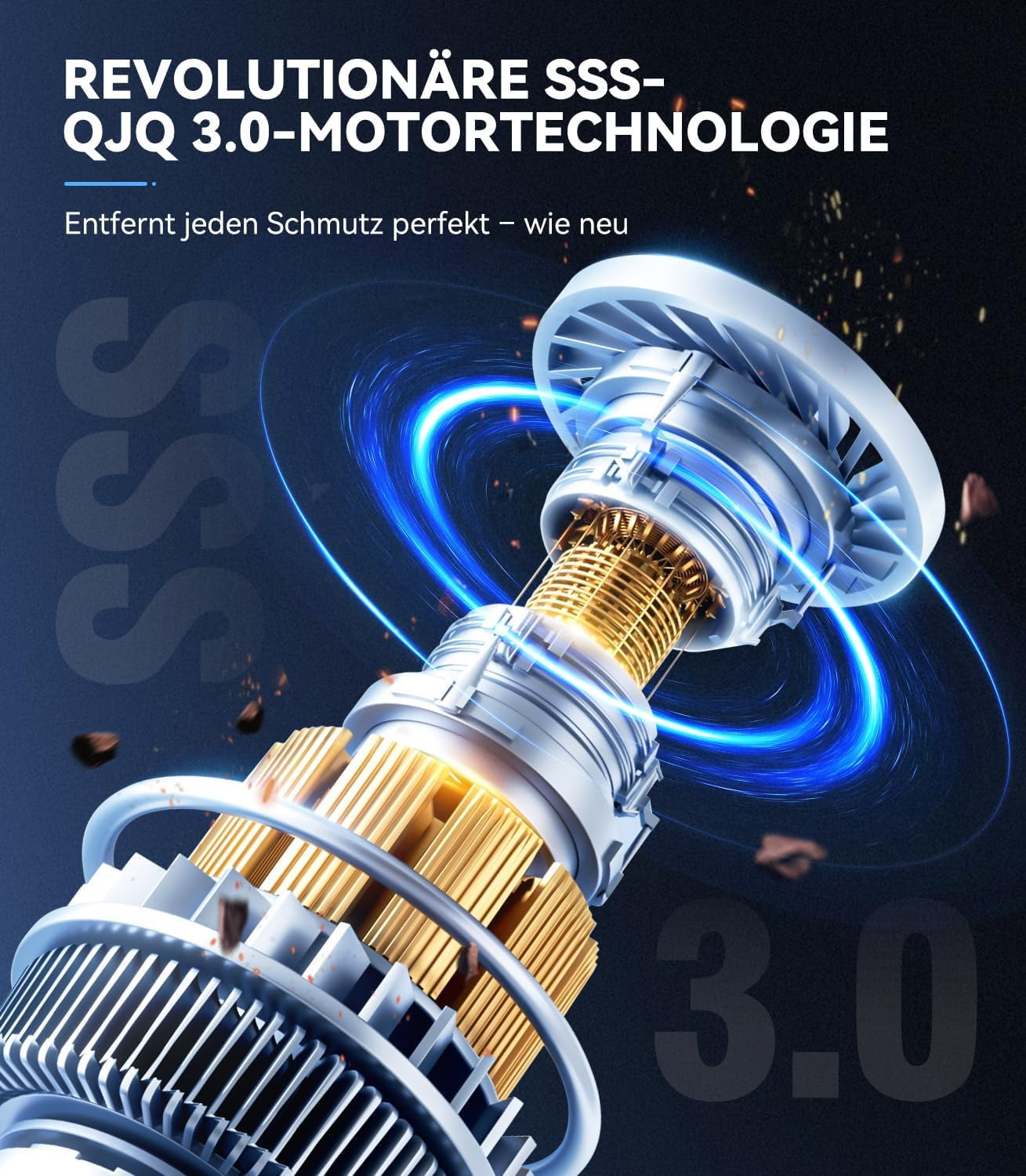 Moderne Motor-Technologie mit goldenen Zahnrädern und blauen Energie-Ringen.
