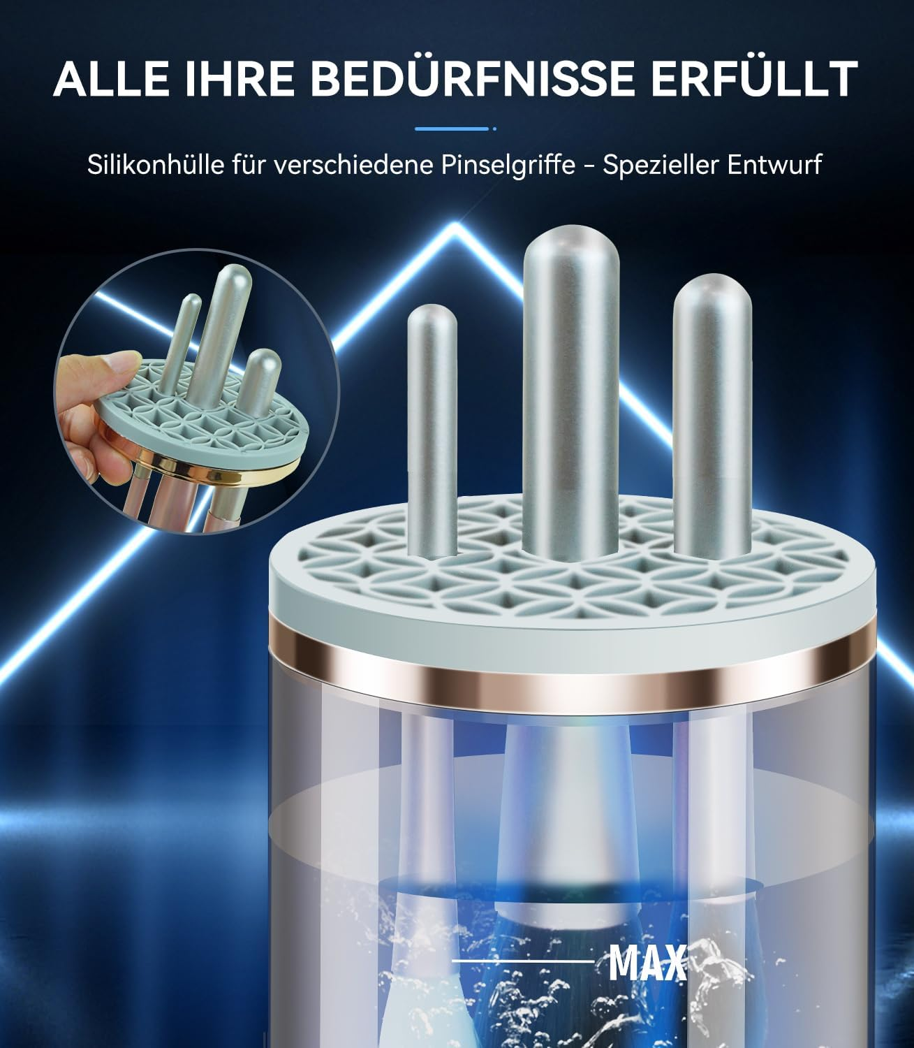 Ein Behälter mit drei Griffen, die in Wasser getaucht werden, mit MAX-Anzeige.