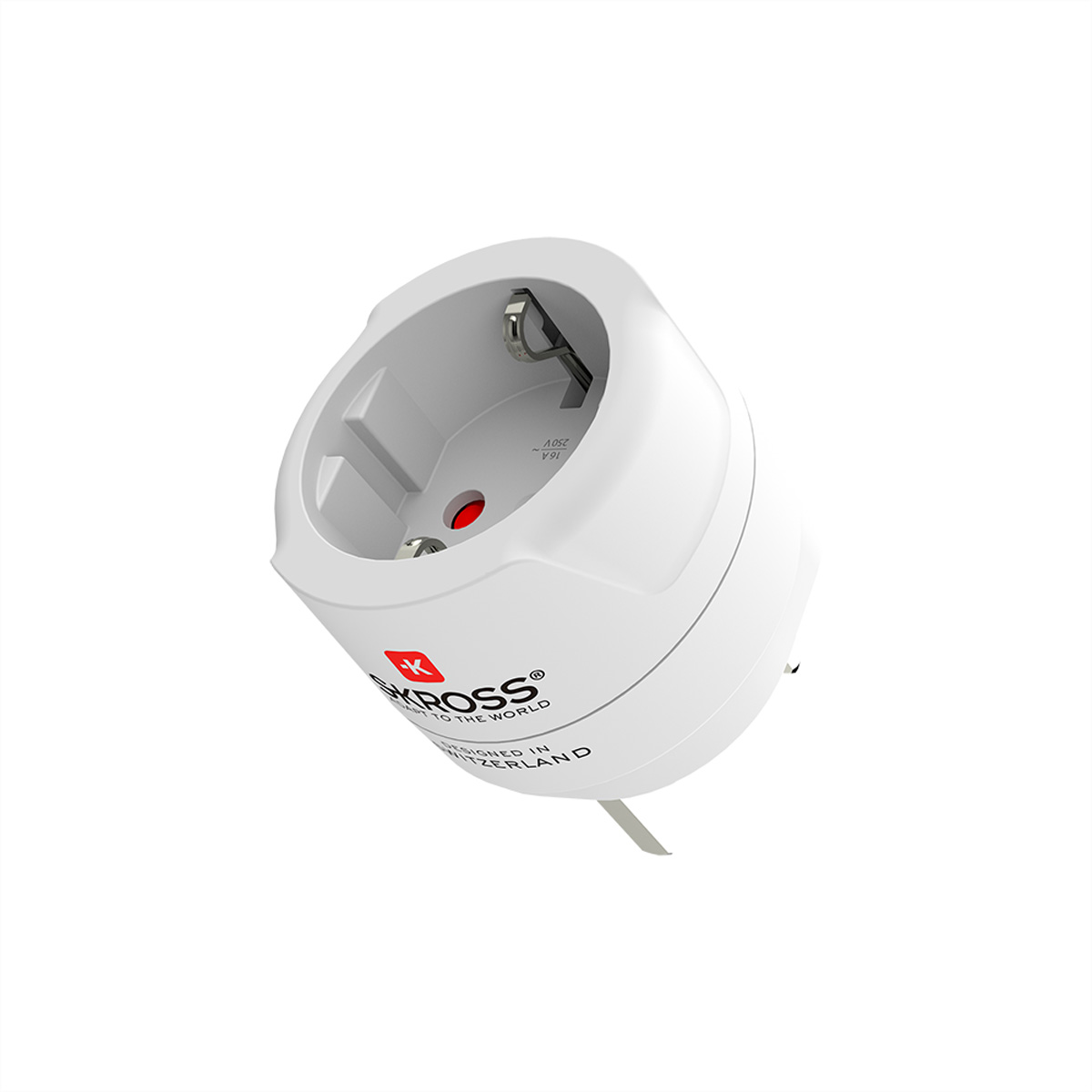 Ein weißer Reiseadapter mit roten und silbernen Details, beschriftet mit 'KROSS'