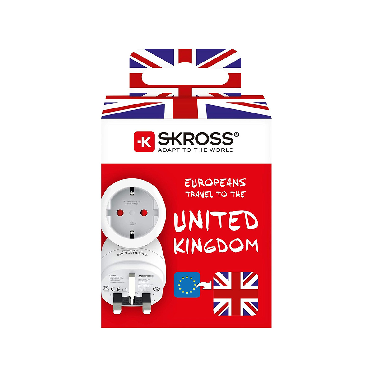 SKROSS Reiseadapter für Großbritannien mit EU-Stecker und Union Jack-Design.