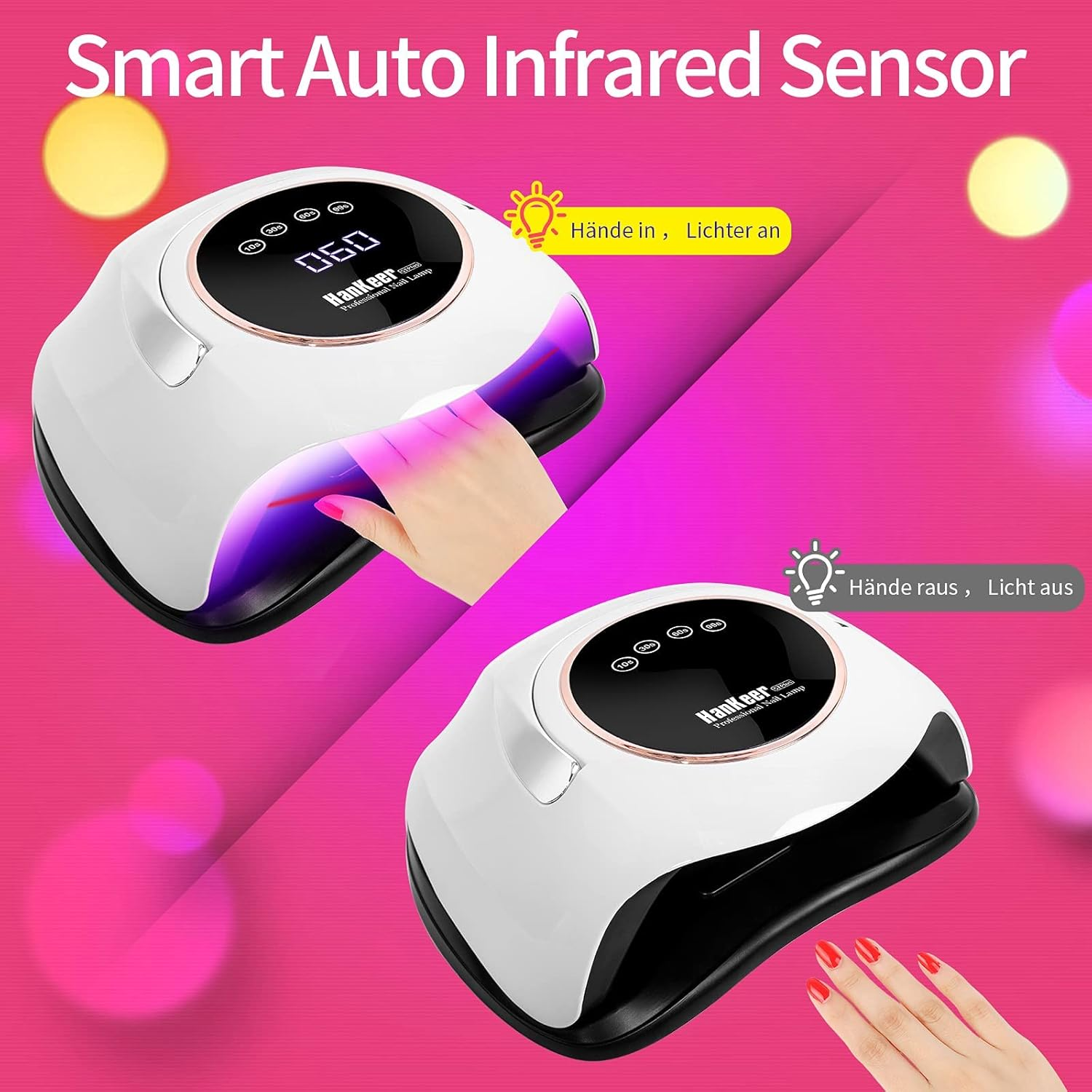 Zwei weiße UV-Nagellampen mit digitalen Anzeigen. Eine zeigt Hände mit Licht, die andere Hände ohne Licht.