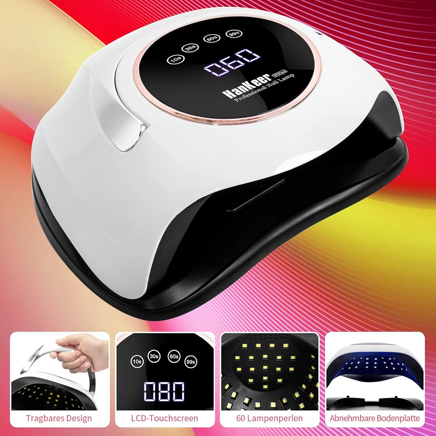 Ein weißer UV-Nagellacktrockner mit schwarzer Basis und LED-Display.