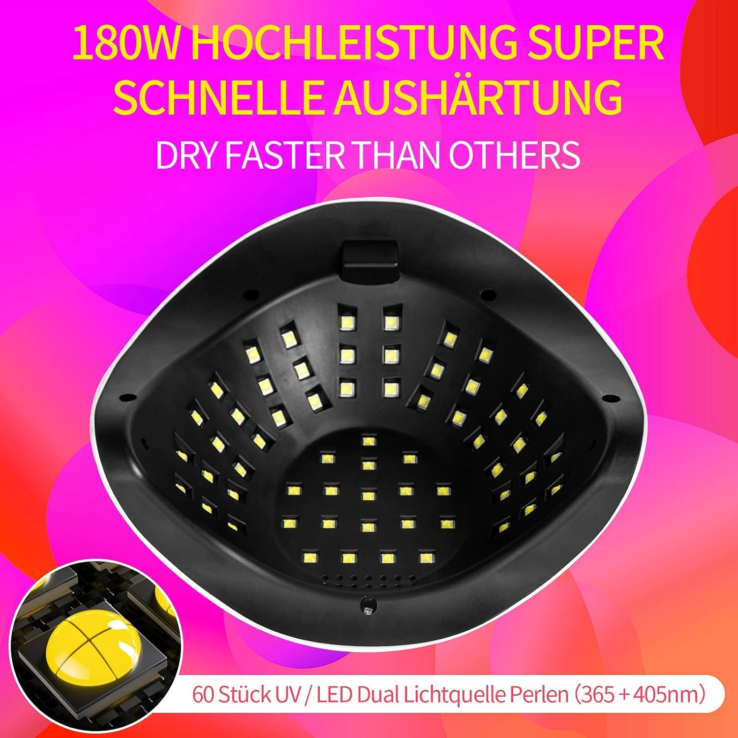 Ein schwarzes UV/LED-Nagellampengerät mit vielen Lichtern und Text. Enthält ein Nahaufnahmebild.