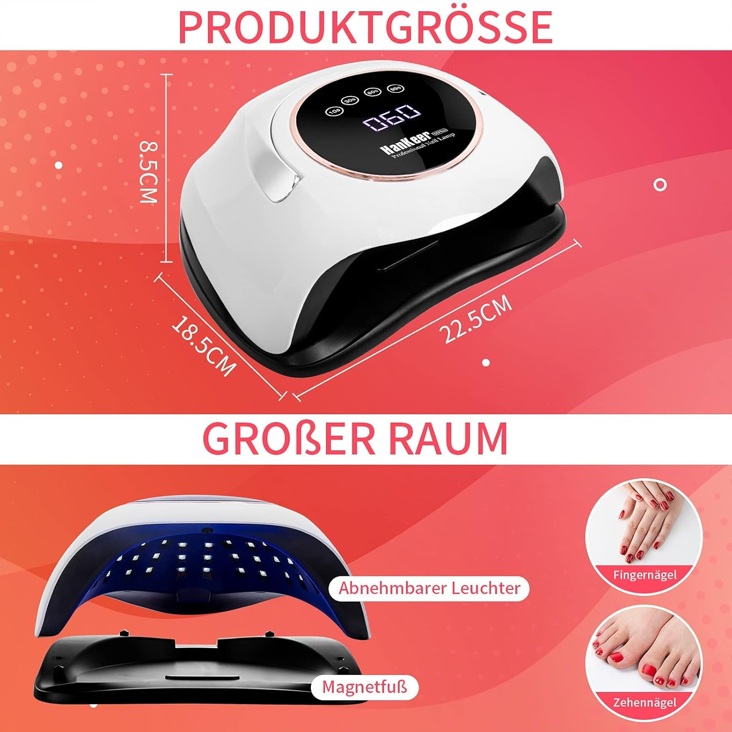 Weiße und schwarze UV-Nagellampe mit Maßen und abnehmbarem Magnetfuß.