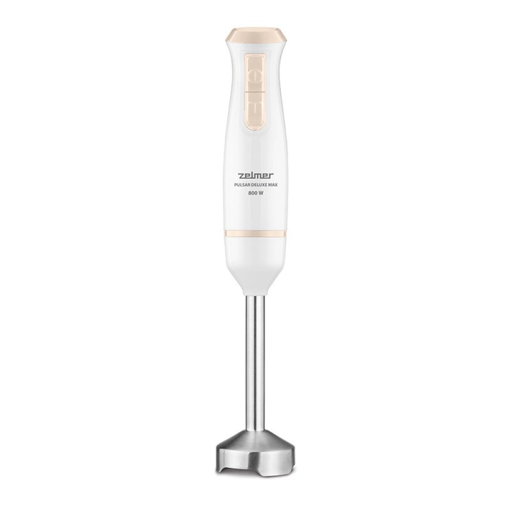 Biały blender ręczny z beżową rączką i srebrnym wałem.