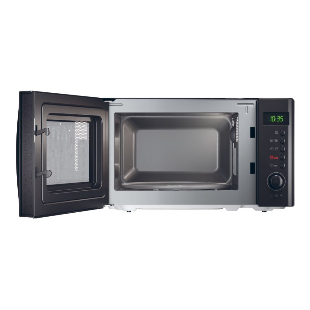 Un forno a microonde nero aperto con interno argentato e display digitale.