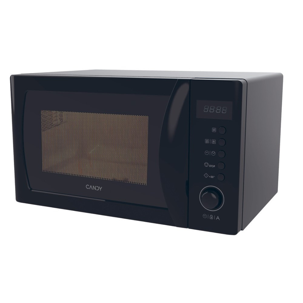 Forno a microonde nero con display digitale e piatto girevole.