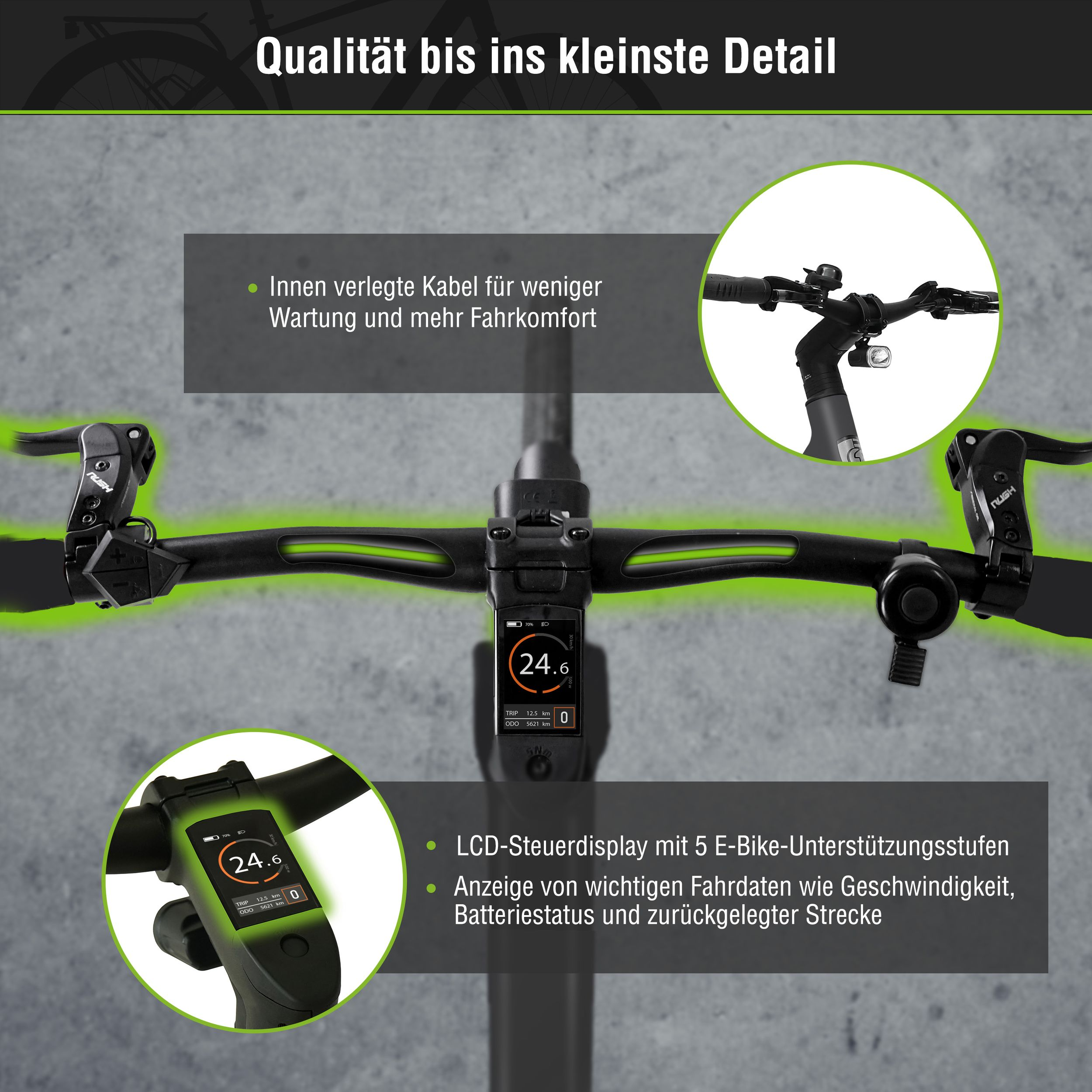 Lenker mit Display zeigt Geschwindigkeit, Akku, Trip und ODO. Kabel sind innen verlegt.
