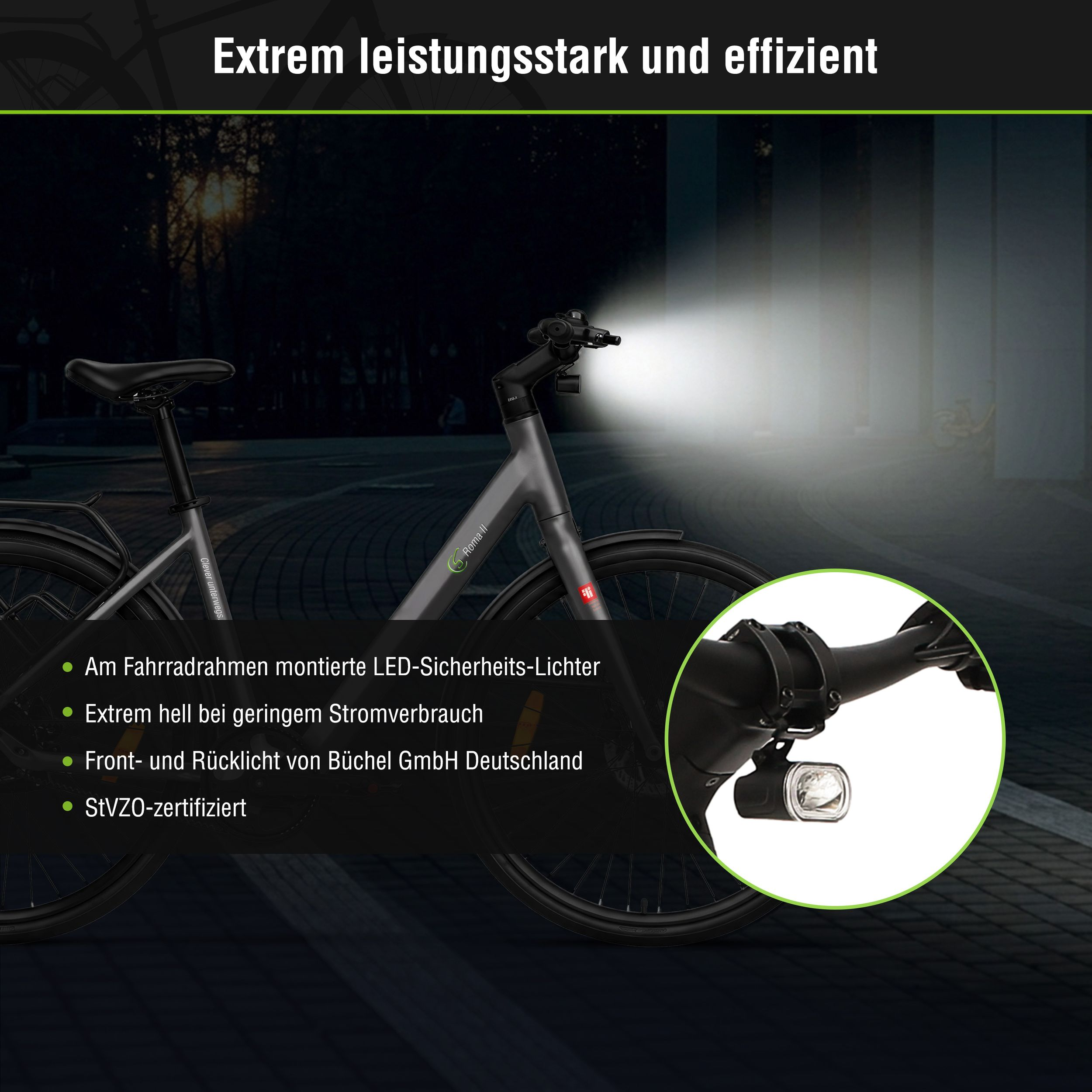 Graues Fahrrad mit hellem LED-Frontlicht im Dunkeln.